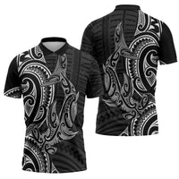 New Zealand Hammerhead Shark Zipper Polo Shirt Maori Haehae Mangopare Black LT14 - Polynesian Pride