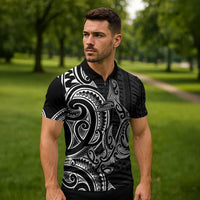 New Zealand Hammerhead Shark Zipper Polo Shirt Maori Haehae Mangopare Black LT14 - Polynesian Pride