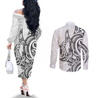 New Zealand Hammerhead Shark Couples Matching Off The Shoulder Long Sleeve Dress and Long Sleeve Button Shirt Maori Haehae Mangopare White LT14 - Polynesian Pride