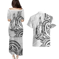 New Zealand Hammerhead Shark Couples Matching Puletasi and Hawaiian Shirt Maori Haehae Mangopare White LT14 - Polynesian Pride
