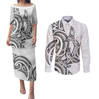 New Zealand Hammerhead Shark Couples Matching Puletasi and Long Sleeve Button Shirt Maori Haehae Mangopare White LT14 White - Polynesian Pride