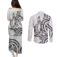New Zealand Hammerhead Shark Couples Matching Puletasi and Long Sleeve Button Shirt Maori Haehae Mangopare White LT14 - Polynesian Pride