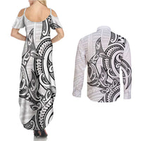 New Zealand Hammerhead Shark Couples Matching Summer Maxi Dress and Long Sleeve Button Shirt Maori Haehae Mangopare White LT14 - Polynesian Pride