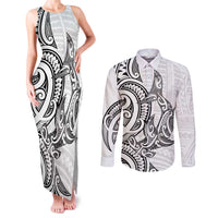 New Zealand Hammerhead Shark Couples Matching Tank Maxi Dress and Long Sleeve Button Shirt Maori Haehae Mangopare White LT14 White - Polynesian Pride