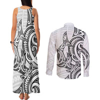 New Zealand Hammerhead Shark Couples Matching Tank Maxi Dress and Long Sleeve Button Shirt Maori Haehae Mangopare White LT14 - Polynesian Pride