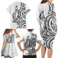New Zealand Hammerhead Shark Family Matching Long Sleeve Bodycon Dress and Hawaiian Shirt Maori Haehae Mangopare White LT14 - Polynesian Pride