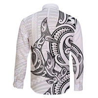 New Zealand Hammerhead Shark Family Matching Off The Shoulder Long Sleeve Dress and Hawaiian Shirt Maori Haehae Mangopare White LT14 - Polynesian Pride