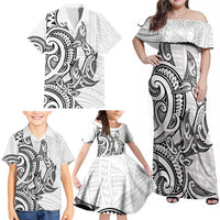 New Zealand Hammerhead Shark Family Matching Off Shoulder Maxi Dress and Hawaiian Shirt Maori Haehae Mangopare White LT14 - Polynesian Pride