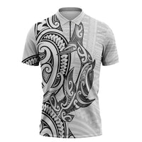 New Zealand Hammerhead Shark Zipper Polo Shirt Maori Haehae Mangopare White LT14 White - Polynesian Pride