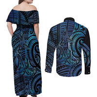New Zealand Hammerhead Shark Couples Matching Off Shoulder Maxi Dress and Long Sleeve Button Shirt Maori Haehae Mangopare Galaxy LT14 - Polynesian Pride