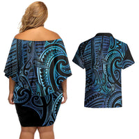 New Zealand Hammerhead Shark Couples Matching Off Shoulder Short Dress and Hawaiian Shirt Maori Haehae Mangopare Galaxy LT14 - Polynesian Pride