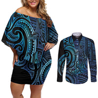New Zealand Hammerhead Shark Couples Matching Off Shoulder Short Dress and Long Sleeve Button Shirt Maori Haehae Mangopare Galaxy LT14 Blue - Polynesian Pride