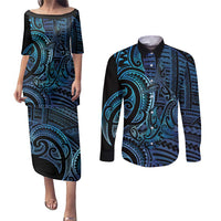 New Zealand Hammerhead Shark Couples Matching Puletasi and Long Sleeve Button Shirt Maori Haehae Mangopare Galaxy LT14 Blue - Polynesian Pride