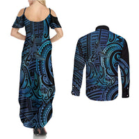New Zealand Hammerhead Shark Couples Matching Summer Maxi Dress and Long Sleeve Button Shirt Maori Haehae Mangopare Galaxy LT14 - Polynesian Pride