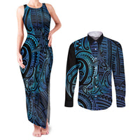 New Zealand Hammerhead Shark Couples Matching Tank Maxi Dress and Long Sleeve Button Shirt Maori Haehae Mangopare Galaxy LT14 Blue - Polynesian Pride