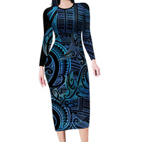 New Zealand Hammerhead Shark Family Matching Long Sleeve Bodycon Dress and Hawaiian Shirt Maori Haehae Mangopare Galaxy LT14 Mom's Dress Blue - Polynesian Pride