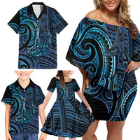 New Zealand Hammerhead Shark Family Matching Off Shoulder Short Dress and Hawaiian Shirt Maori Haehae Mangopare Galaxy LT14 - Polynesian Pride