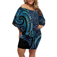 New Zealand Hammerhead Shark Family Matching Off Shoulder Short Dress and Hawaiian Shirt Maori Haehae Mangopare Galaxy LT14 Mom's Dress Blue - Polynesian Pride