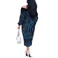 New Zealand Hammerhead Shark Off The Shoulder Long Sleeve Dress Maori Haehae Mangopare Galaxy LT14 - Polynesian Pride