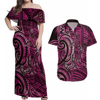 New Zealand Hammerhead Shark Couples Matching Off Shoulder Maxi Dress and Hawaiian Shirt Maori Haehae Mangopare Pink LT14 Pink - Polynesian Pride