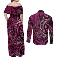 New Zealand Hammerhead Shark Couples Matching Off Shoulder Maxi Dress and Long Sleeve Button Shirt Maori Haehae Mangopare Pink LT14 - Polynesian Pride