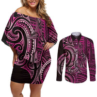 New Zealand Hammerhead Shark Couples Matching Off Shoulder Short Dress and Long Sleeve Button Shirt Maori Haehae Mangopare Pink LT14 Pink - Polynesian Pride