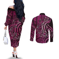 New Zealand Hammerhead Shark Couples Matching Off The Shoulder Long Sleeve Dress and Long Sleeve Button Shirt Maori Haehae Mangopare Pink LT14 - Polynesian Pride