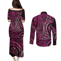 New Zealand Hammerhead Shark Couples Matching Puletasi and Long Sleeve Button Shirt Maori Haehae Mangopare Pink LT14 - Polynesian Pride