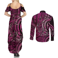 New Zealand Hammerhead Shark Couples Matching Summer Maxi Dress and Long Sleeve Button Shirt Maori Haehae Mangopare Pink LT14 - Polynesian Pride