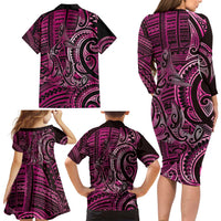 New Zealand Hammerhead Shark Family Matching Long Sleeve Bodycon Dress and Hawaiian Shirt Maori Haehae Mangopare Pink LT14 - Polynesian Pride