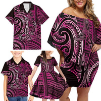 New Zealand Hammerhead Shark Family Matching Off Shoulder Short Dress and Hawaiian Shirt Maori Haehae Mangopare Pink LT14 - Polynesian Pride