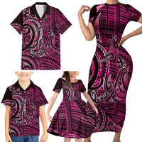 New Zealand Hammerhead Shark Family Matching Short Sleeve Bodycon Dress and Hawaiian Shirt Maori Haehae Mangopare Pink LT14 - Polynesian Pride