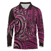 New Zealand Hammerhead Shark Long Sleeve Polo Shirt Maori Haehae Mangopare Pink LT14 Pink - Polynesian Pride