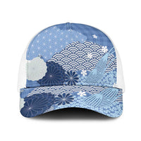 Blue Japanese Traditional Motifs Baseball Net Cap Palaka With Asanoha Seigaiha Sakura - Polynesian Pride