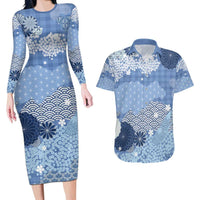 Blue Palaka Japanese Patterns Couples Matching Long Sleeve Bodycon Dress and Hawaiian Shirt Asanoha Seigaiha Sakura Motif LT14 Blue - Polynesian Pride