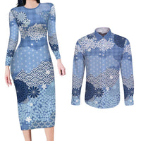 Blue Palaka Japanese Patterns Couples Matching Long Sleeve Bodycon Dress and Long Sleeve Button Shirt Asanoha Seigaiha Sakura Motif LT14 Blue - Polynesian Pride