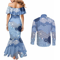 Blue Palaka Japanese Patterns Couples Matching Mermaid Dress and Long Sleeve Button Shirt Asanoha Seigaiha Sakura Motif LT14 - Polynesian Pride