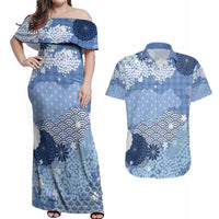 Blue Palaka Japanese Patterns Couples Matching Off Shoulder Maxi Dress and Hawaiian Shirt Asanoha Seigaiha Sakura Motif LT14 Blue - Polynesian Pride