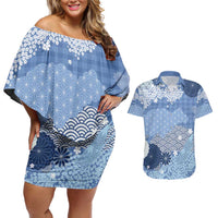 Blue Palaka Japanese Patterns Couples Matching Off Shoulder Short Dress and Hawaiian Shirt Asanoha Seigaiha Sakura Motif LT14 Blue - Polynesian Pride