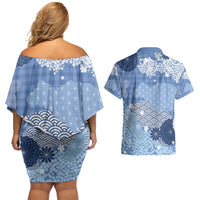 Blue Palaka Japanese Patterns Couples Matching Off Shoulder Short Dress and Hawaiian Shirt Asanoha Seigaiha Sakura Motif LT14 - Polynesian Pride