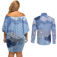 Blue Palaka Japanese Patterns Couples Matching Off Shoulder Short Dress and Long Sleeve Button Shirt Asanoha Seigaiha Sakura Motif LT14 - Polynesian Pride