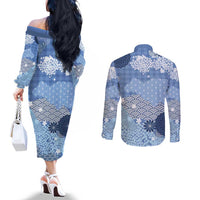 Blue Palaka Japanese Patterns Couples Matching Off The Shoulder Long Sleeve Dress and Long Sleeve Button Shirt Asanoha Seigaiha Sakura Motif LT14 - Polynesian Pride