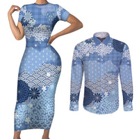 Blue Palaka Japanese Patterns Couples Matching Short Sleeve Bodycon Dress and Long Sleeve Button Shirt Asanoha Seigaiha Sakura Motif LT14 Blue - Polynesian Pride