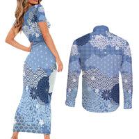 Blue Palaka Japanese Patterns Couples Matching Short Sleeve Bodycon Dress and Long Sleeve Button Shirt Asanoha Seigaiha Sakura Motif LT14 - Polynesian Pride