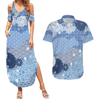 Blue Palaka Japanese Patterns Couples Matching Summer Maxi Dress and Hawaiian Shirt Asanoha Seigaiha Sakura Motif LT14 Blue - Polynesian Pride