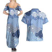 Blue Palaka Japanese Patterns Couples Matching Summer Maxi Dress and Hawaiian Shirt Asanoha Seigaiha Sakura Motif LT14 - Polynesian Pride