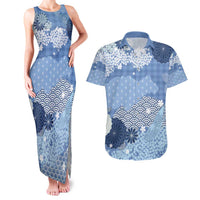 Blue Palaka Japanese Patterns Couples Matching Tank Maxi Dress and Hawaiian Shirt Asanoha Seigaiha Sakura Motif LT14 Blue - Polynesian Pride