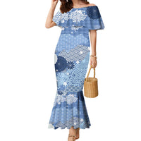 Blue Palaka Japanese Patterns Family Matching Mermaid Dress and Hawaiian Shirt Asanoha Seigaiha Sakura Motif LT14 Mom's Dress Blue - Polynesian Pride