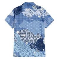 Blue Palaka Japanese Patterns Family Matching Off The Shoulder Long Sleeve Dress and Hawaiian Shirt Asanoha Seigaiha Sakura Motif LT14 - Polynesian Pride