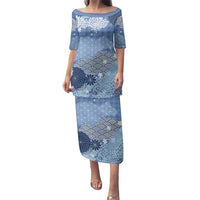 Blue Palaka Japanese Patterns Family Matching Puletasi and Hawaiian Shirt Asanoha Seigaiha Sakura Motif LT14 Mom's Dress Blue - Polynesian Pride